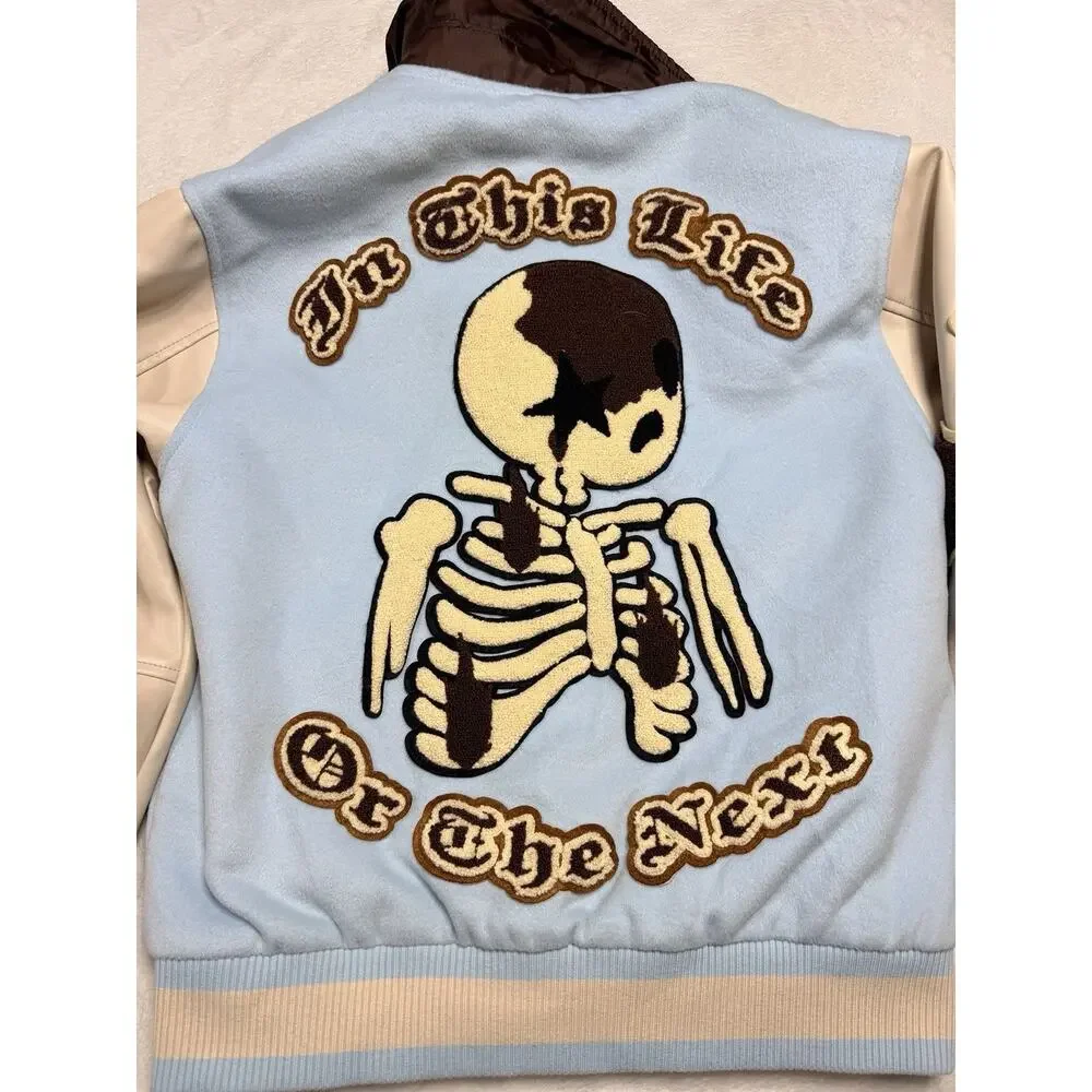 VRT Streetwear Varsity Jacket XS Blue Skeleton In This Life Or The Next Patch